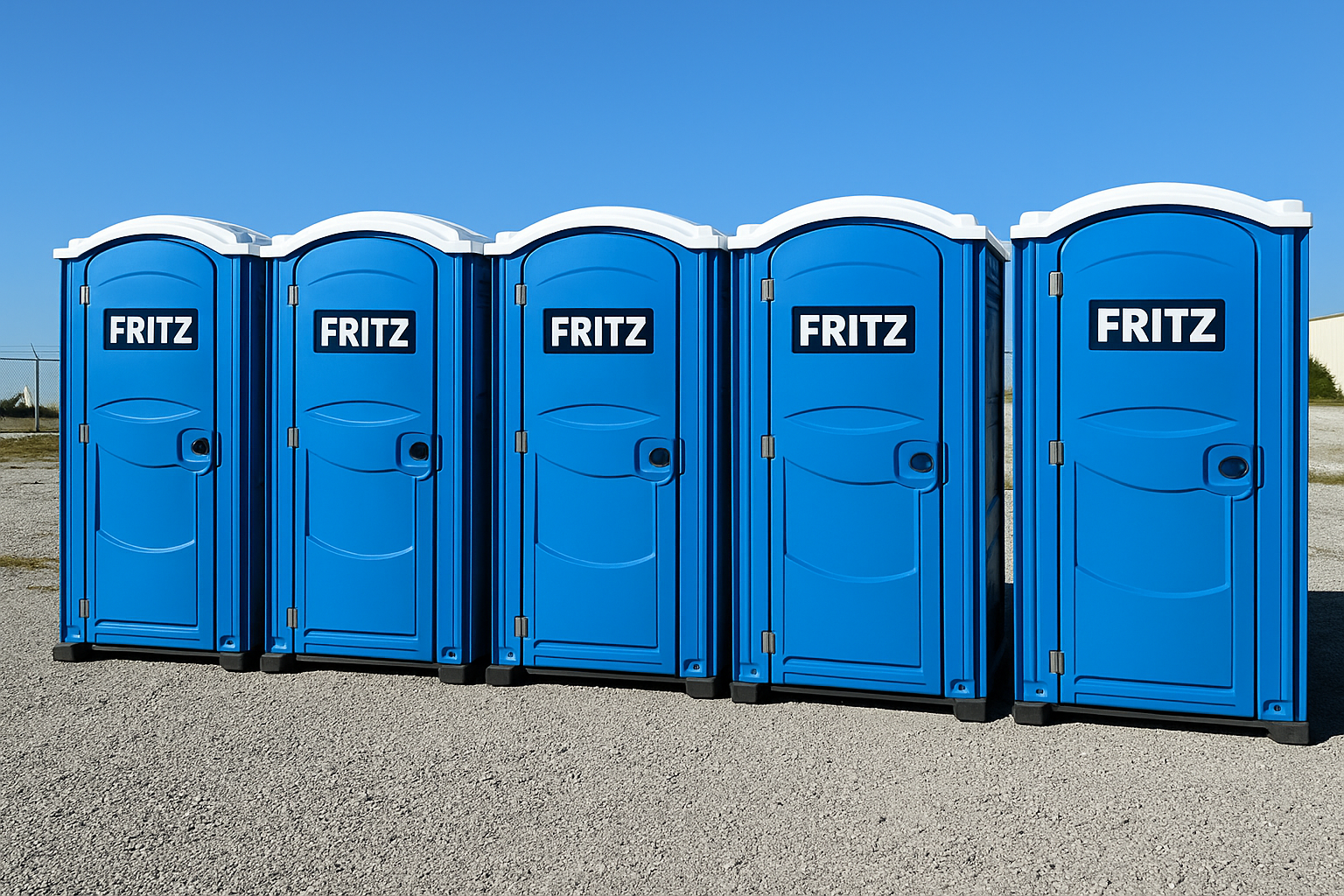 Fritz Porta Potty Rental Units - Row of blue portable toilets